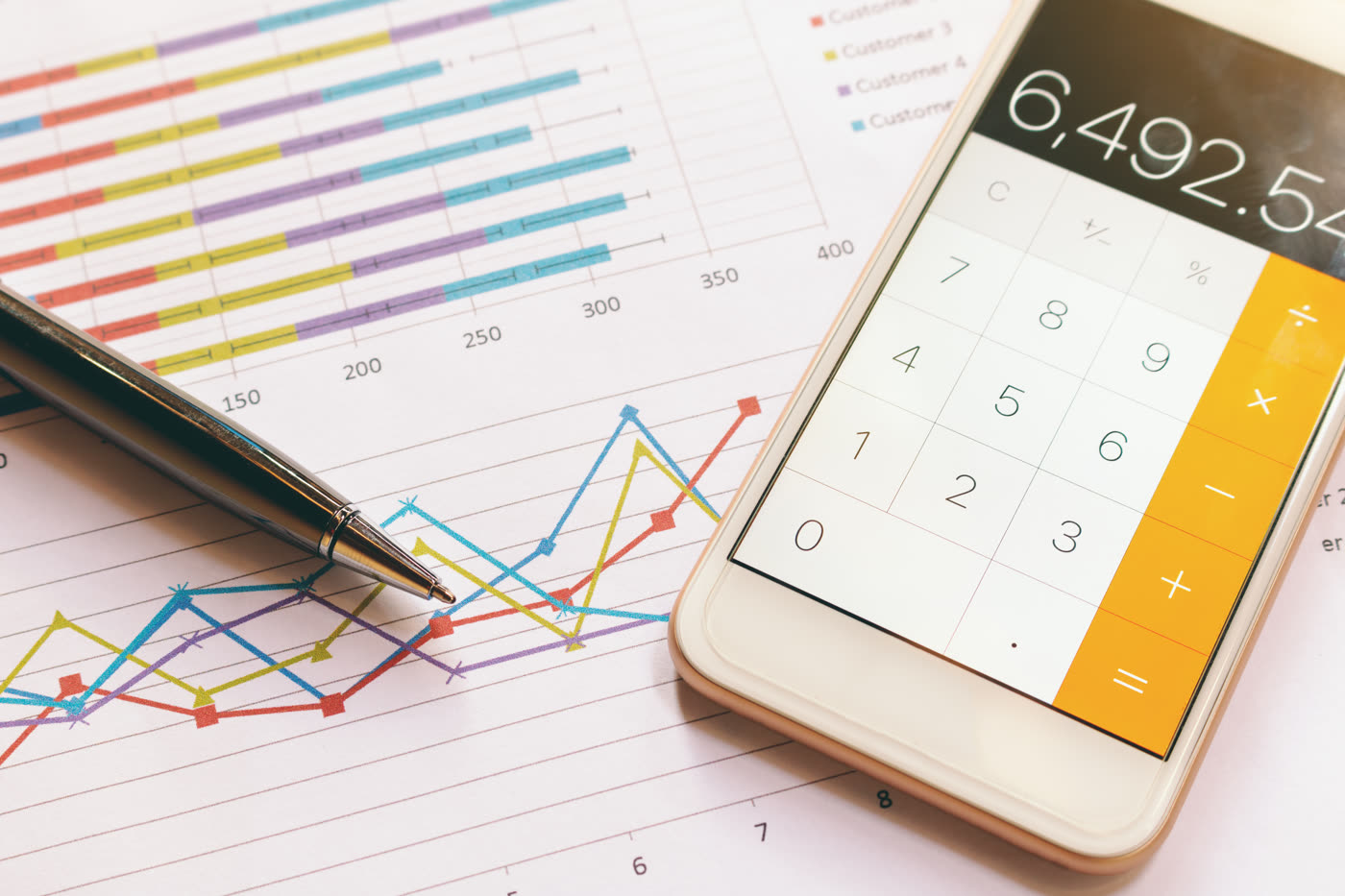 A phone calculator resting on printed bar and line charts
