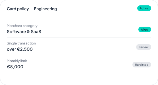 A card policy for Engineering: software and SaaS allowed, single transactions over €2,500 sent for review, an €8,000 monthly hard stop